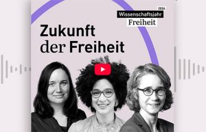 Cover of the podcast "Freiheit" with the portraits of the three professors interviewed